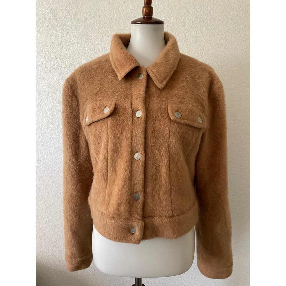 Minkpink Teddy Jacket Women L Camel Fuzzy Cropped Trucker Jacket Layering